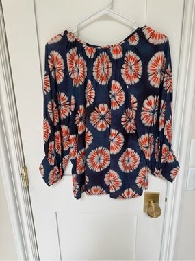 Karen Kane Navy Floral Top with Coral and Cream Blooms